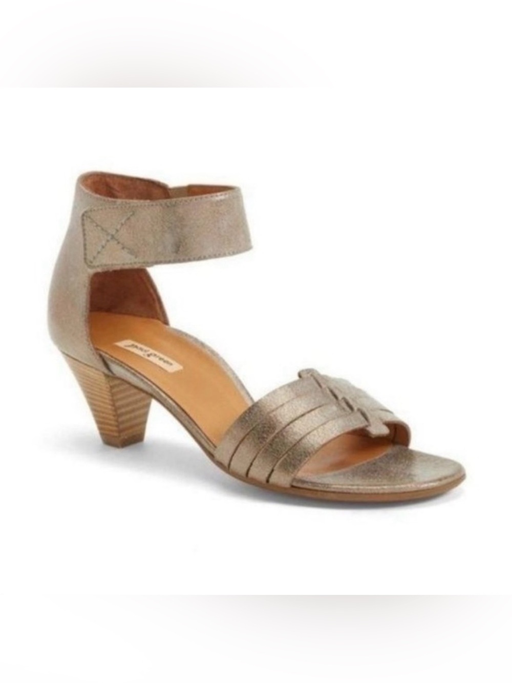 Paul Green Coco Smoke Metallic Leather Taupe Ankle-Strap Sandal Wooden Heel Sz 8